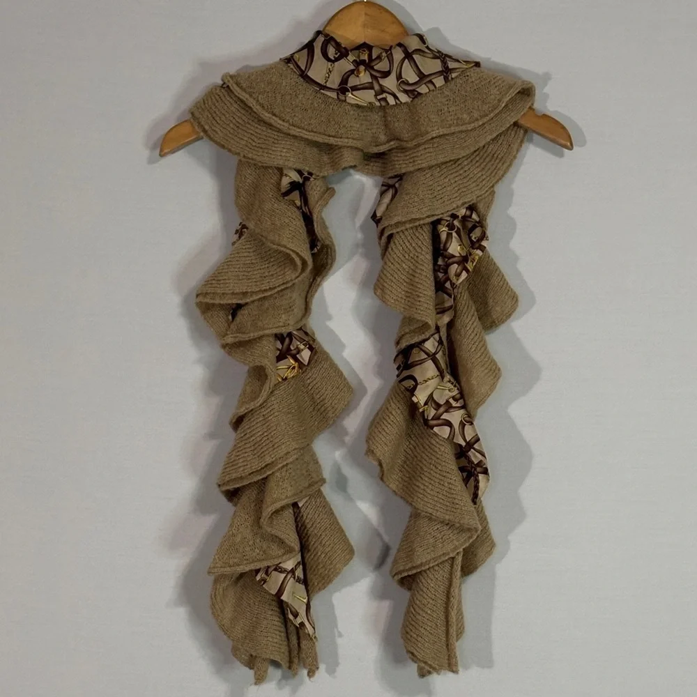 Lauren Ralph Lauren Ruffle Knit Scarf Silk Chain Print Neutral Luxe